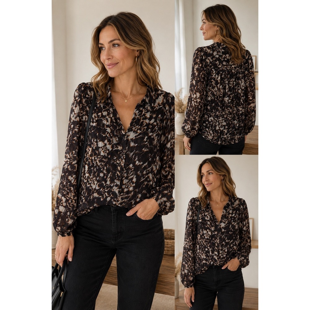 Second Female NWT Blouse S Abstract Print Sheer Danish Scandinavian Button Front
